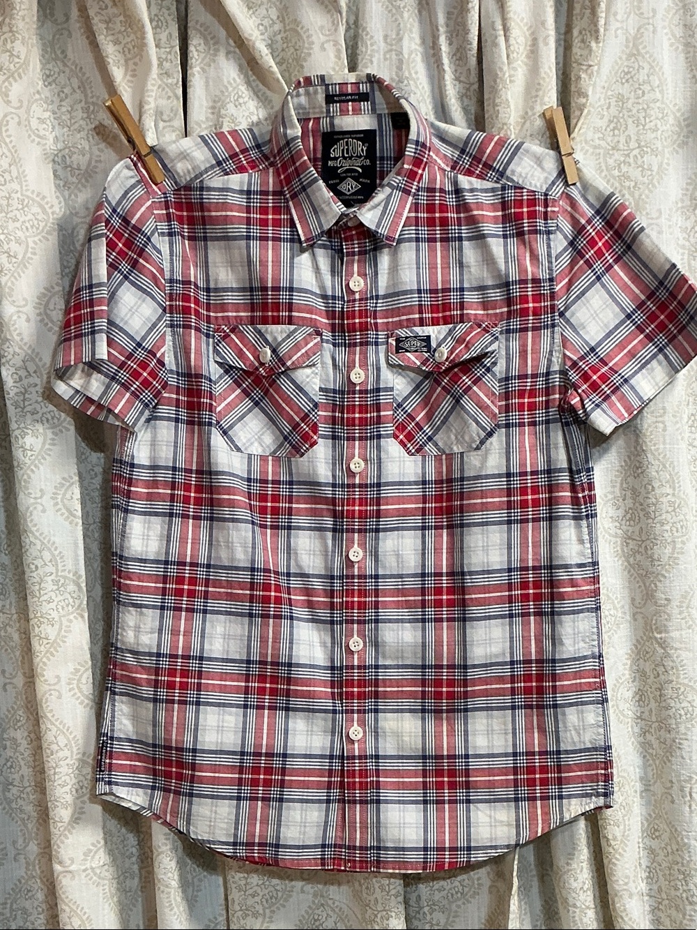 Superdry Men’s Red & White Plaid Short-Sleeve Button-Down Shirt